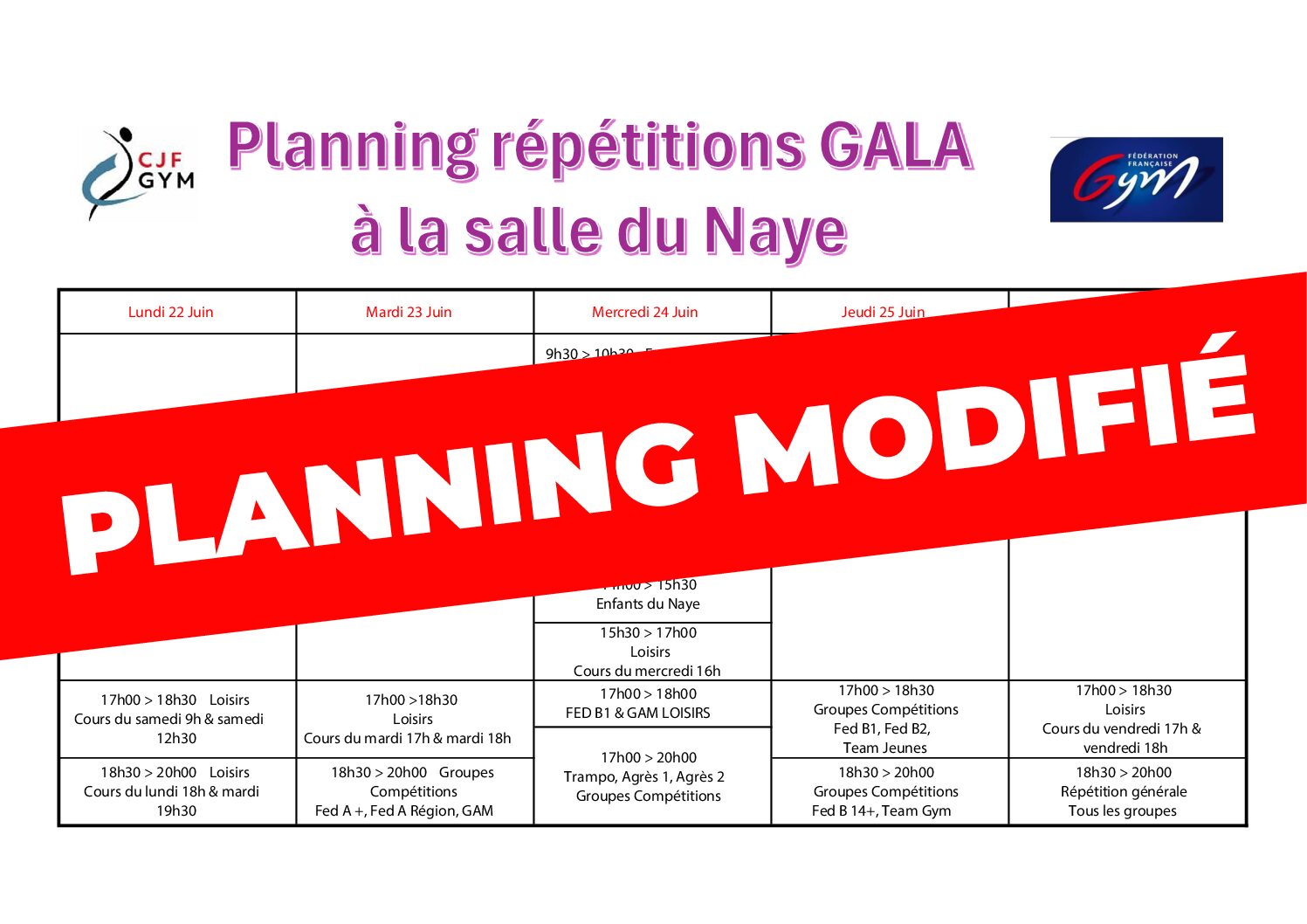Planning des répétitions du gala 2026