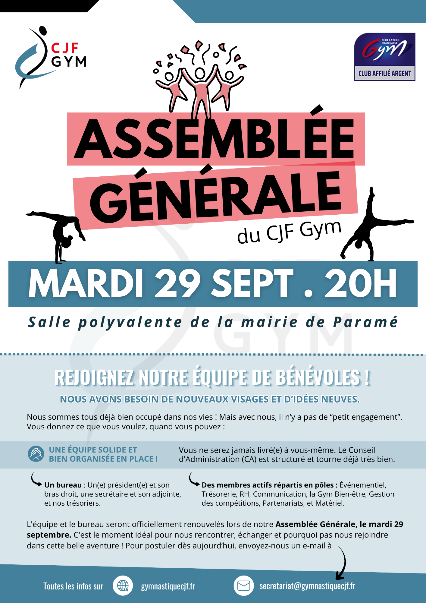 ASSEMBLÉE GÉNÉRALE DU CJF Gym – Mardi 29 septembre – On vous attend nombreux ;)